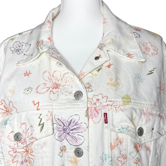 Levi's Women's XL Floral Doodle Embroidered Denim Trucker Jacket - Picture 1 of 8